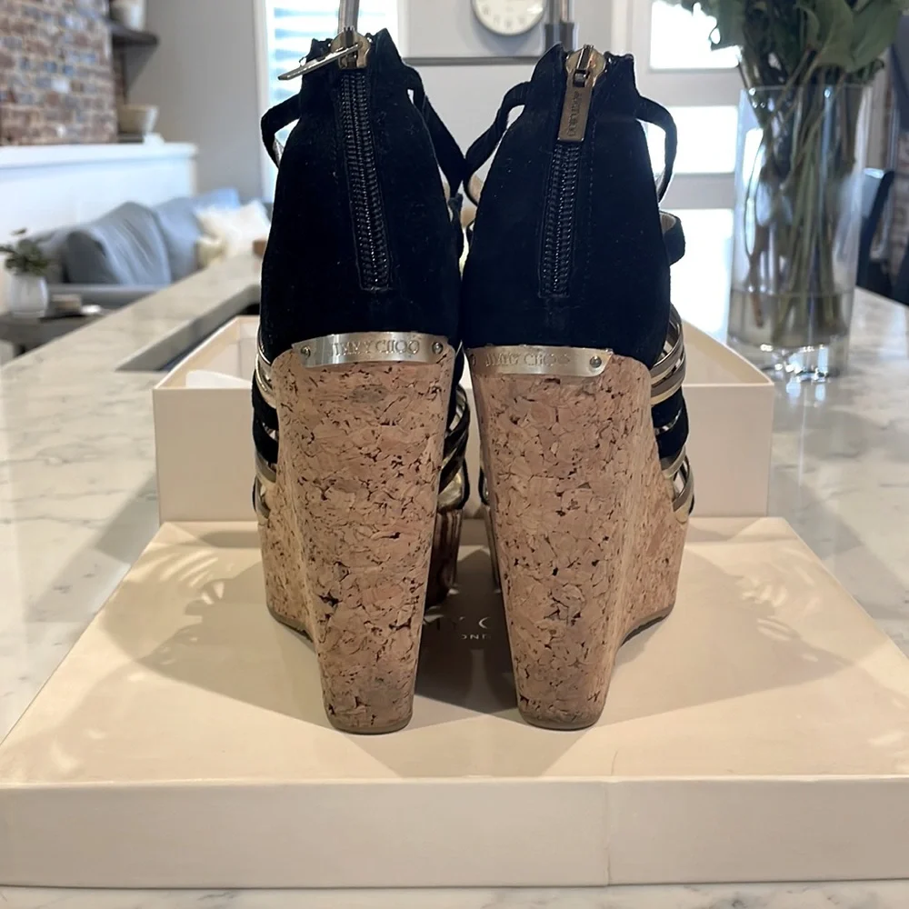 Jimmy Choo SUEDE/NAPPA/MIRROR BLACK Wedge - STYLE 121PEKABO Cork Wedges - Picture 4 of 9